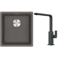 Franke Maris MRG 110-37 zlewozmywak 40x37 cm Fragranite kamienny szary z baterią kuchenną Mythos czarna stal szlachetna (1250687250, 1150550441)