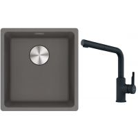 Franke Maris MRG 110-37 zlewozmywak 40x37 cm Fragranite kamienny szary z baterią kuchenną Urban czarny mat (1250687250, 1150627523)