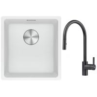 Franke Maris MRG 110-37 zlewozmywak 40x37 cm Fragranite biały polarny z baterią kuchenną Eos czarna stal szlachetna (1250687251, 1150613671)