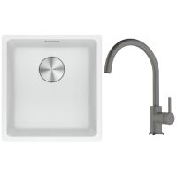 Franke Maris MRG 110-37 zlewozmywak 40x37 cm Fragranite biały polarny z baterią kuchenną Lina kamienny szary (1250687251, 1150626022)
