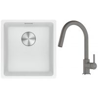 Franke Maris MRG 110-37 zlewozmywak 40x37 cm Fragranite biały polarny z baterią kuchenną Lina kamienny szary (1250687251, 1150626057)