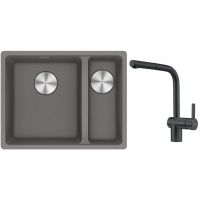 Franke Maris MRG 160-34-15SBR zlewozmywak 52x40 cm Fragranite kamienny szary z baterią kuchenną Atlas czarna stal szlachetna (1250687266, 1150550427)