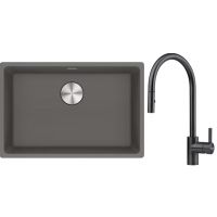 Franke Maris MRG 110-62 zlewozmywak 62x40 cm Fragranite kamienny szary z baterią kuchenną Eos czarna stal szlachetna (1250687258, 1150613671)