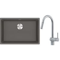 Franke Maris MRG 110-62 zlewozmywak 62x40 cm Fragranite kamienny szary z baterią kuchenną Leda Neo stal szlachetna (1250687258, 1150590047)