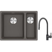 Franke Maris MRG 160-34-15SBR zlewozmywak 52x40 cm Fragranite kamienny szary z baterią kuchenną Eos czarna stal szlachetna (1250687266, 1150613671)