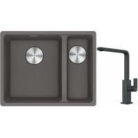 Franke Maris MRG 160-34-15SBR zlewozmywak 52x40 cm Fragranite kamienny szary z baterią kuchenną Mythos czarna stal szlachetna (1250687266, 1150550441)