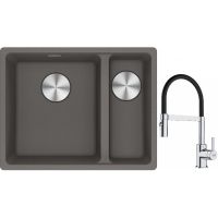 Franke Maris MRG 160-34-15SBR zlewozmywak 52x40 cm Fragranite kamienny szary z baterią kuchenną Lina chrom/czarny (1250687266, 1150626085)