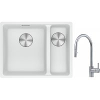 Franke Maris MRG 160-34-15SBR zlewozmywak 52x40 cm Fragranite biały polarny z baterią kuchenną Eos stal szlachetna (1250687267, 1150590045)