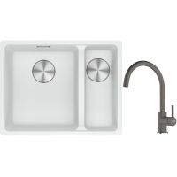 Franke Maris MRG 160-34-15SBR zlewozmywak 52x40 cm Fragranite biały polarny z baterią kuchenną Lina kamienny szary (1250687267, 1150626022)