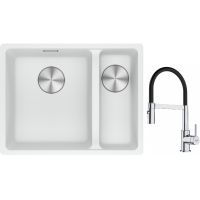 Franke Maris MRG 160-34-15SBR zlewozmywak 52x40 cm Fragranite biały polarny z baterią kuchenną Lina chrom/czarny (1250687267, 1150626085)