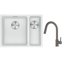 Franke Maris MRG 160-34-15SBR zlewozmywak 52x40 cm Fragranite biały polarny z baterią kuchenną Lina kamienny szary (1250687267, 1150626057)