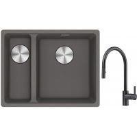 Franke Maris MRG 160-34-15SBL zlewozmywak 52x40 cm Fragranite kamienny szary z baterią kuchenną Eos czarna stal szlachetna (1250687270, 1150613671)