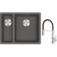 Franke Maris MRG 160-34-15SBL zlewozmywak 52x40 cm Fragranite kamienny szary z baterią kuchenną Lina chrom/czarny (1250687270, 1150626085)