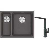 Franke Maris MRG 160-34-15SBL zlewozmywak 52x40 cm Fragranite kamienny szary z baterią kuchenną Mythos czarna stal szlachetna (1250687270, 1150550441)