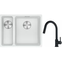 Franke Maris MRG 160-34-15SBL zlewozmywak 52x40 cm Fragranite biały polarny z baterią kuchenną Lina czarny mat (1250687271, 1150626053)