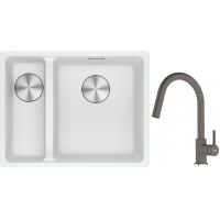 Franke Maris MRG 160-34-15SBL zlewozmywak 52x40 cm Fragranite biały polarny z baterią kuchenną Lina kamienny szary (1250687271, 1150626057)