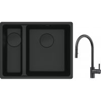 Franke Maris MRG 160-34-15SBL zlewozmywak 52x40 cm Fragranite czarny mat  z baterią kuchenną Eos czarna stal szlachetna (1250697756, 1150613671)