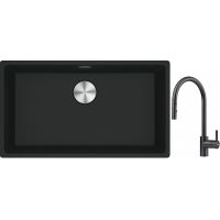 Franke Maris MRG 110-72 zlewozmywak 72x40 cm Fragranite czarny mat z baterią kuchenną Eos czarna stal szlachetna (1250687260, 1150613671)