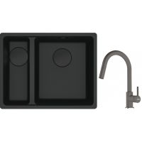 Franke Maris MRG 160-34-15SBL zlewozmywak 52x40 cm Fragranite czarny mat  z baterią kuchenną Lina kamienny szary (1250697756, 1150626057)