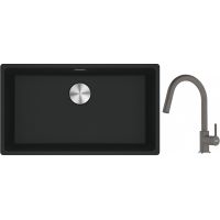 Franke Maris MRG 110-72 zlewozmywak 72x40 cm Fragranite czarny mat z baterią kuchenną Lina kamienny szary (1250687260, 1150626057)