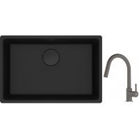 Franke Maris MRG 110-62 zlewozmywak 62x40 cm Fragranite czarny mat z baterią kuchenną Lina kamienny szary (1250697758, 1150626057)