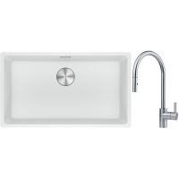 Franke Maris MRG 110-72 zlewozmywak 72x40 cm Fragranite biały polarny z baterią kuchenną Eos stal szlachetna (1250687263, 1150590045)