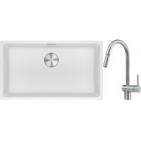 Franke Maris MRG 110-72 zlewozmywak 72x40 cm Fragranite biały polarny z baterią kuchenną Leda Neo stal szlachetna (1250687263, 1150590047)