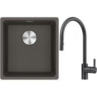 Franke Maris MRG 110-37 zlewozmywak granitowy 43x40 cm łupkowy szary z baterią kuchenną Eos czarna stal szlachetna (1250716374, 1150613671)