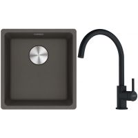 Franke Maris MRG 110-37 zlewozmywak granitowy 43x40 cm łupkowy szary  z baterią kuchenną Lina czarny mat (1250716374, 1150626019)