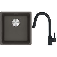 Franke Maris MRG 110-37 zlewozmywak granitowy 43x40 cm łupkowy szary  z baterią kuchenną Lina czarny mat (1250716374, 1150626053)