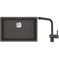 Franke Maris MRG 110-62 zlewozmywak granitowy 65,3x43,3 cm łupkowy szary z baterią kuchenną Atlas czarna stal szlachetna (1250716376, 1150550427)