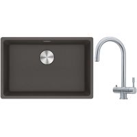 Franke Maris MRG 110-62 zlewozmywak granitowy 65,3x43,3 cm łupkowy szary z baterią kuchenną Eos stal szlachetna (1250716376, 1200179979)