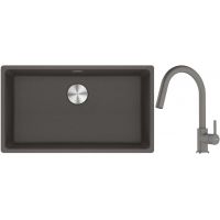 Franke Maris MRG 110-72 zlewozmywak granitowy 75,3x43,3 cm szary/grafitowy/onyx z baterią kuchenną Lina kamienny szary (1250716377, 1150626057)