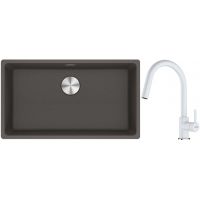 Franke Maris MRG 110-72 zlewozmywak granitowy 75,3x43,3 cm szary/grafitowy/onyx z baterią kuchenną Lina biały polarny (1250716377, 1150626081)
