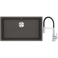Franke Maris MRG 110-72 zlewozmywak granitowy 75,3x43,3 cm szary/grafitowy/onyx z baterią kuchenną Lina chrom/czarny (1250716377, 1150626085)