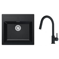 Zestaw Franke Sirius zlewozmywak granitowy 56x53 cm z baterią kuchenną Lina Pull-Out onyx/ czarny mat (1140205049, 1150626053)