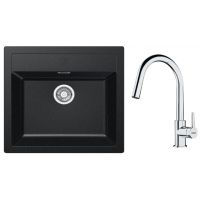 Zestaw Franke Sirius zlewozmywak granitowy 56x53 cm z baterią kuchenną Lina Pull-Out onyx/chrom (1140205049, 1150693229)