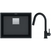 Franke Kanon KNG 110-52 zlewozmywak 52x42 cm Fragranite onyx z baterią kuchenną Lina Pull-Out czarny mat (1250528612, 1150626053)