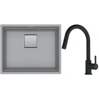 Franke Kanon KNG 110-52 zlewozmywak 52x42 cm Fragranite kamienny szary z baterią kuchenną Lina Pull-Out czarny mat (1250528615, 1150626053)