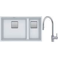 Franke Kanon KNG 120 zlewozmywak 76x46 cm Fragranite biały polarny z baterią kuchenną Eos Neo stal szlachetna (1250528638, 1150590045)