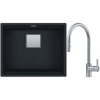 Franke Kanon KNG 110-52 zlewozmywak 52x42 cm Fragranite czarny mat z baterią kuchenną Eos Neo stal szlachetna (1250633002, 1150590045)