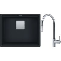 Franke Kanon KNG 110-62 zlewozmywak 62x42 cm Fragranite czarny mat z baterią kuchenną Eos Neo stal szlachetna (1250633003, 1150590045)