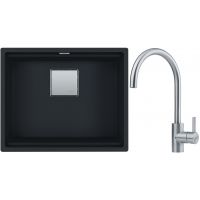 Franke Kanon KNG 110-62 zlewozmywak 62x42 cm Fragranite czarny mat z baterią kuchenną Eos Neo stal szlachetna (1250633003, 1150590044)