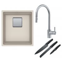 Franke Kanon KNG 110-37 zlewozmywak 37x42 cm Fragranite orzechowy z baterią kuchenną Eos Neo stal szlachetna i zestawem noży kuchennych (1250528626, 1150590045, 1120545792)