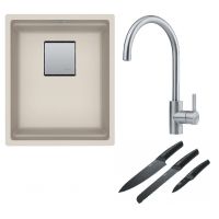 Franke Kanon KNG 110-37 zlewozmywak 37x42 cm Fragranite orzechowy z baterią kuchenną Eos Neo stal szlachetna i zestawem noży kuchennych (1250528626, 1150590044, 1120545792)
