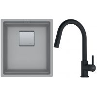 Franke Kanon KNG 110-37 zlewozmywak 37x42 cm Fragranite kamienny szary z baterią kuchenną Lina Pull-Out czarny mat (1250528631, 1150626053)