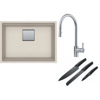 Franke Kanon KNG 110-52 zlewozmywak 52x42 cm Fragranite orzechowy z baterią kuchenną Eos Neo stal szlachetna i zestawem noży kuchennych (1250528609, 1150590045, 1120545792)