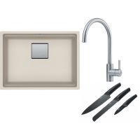 Franke Kanon KNG 110-52 zlewozmywak 52x42 cm Fragranite orzechowy z baterią kuchenną Eos Neo stal szlachetna i zestawem noży kuchennych (1250528609, 1150590044, 1120545792)