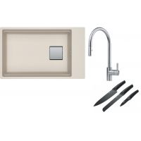 Franke Kanon KNG 110-62 zlewozmywak 62x42 cm Fragranite orzechowy z baterią kuchenną Eos Neo stal szlachetna i zestawem noży kuchennych (1250528618, 1150590045, 1120545792)