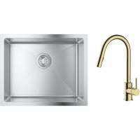 Zestaw Grohe K700 zlewozmywak 50x40 cm z baterią kuchenną Oltens Litla stal szlachetna/złoty połysk (35204800, 31574SD1)